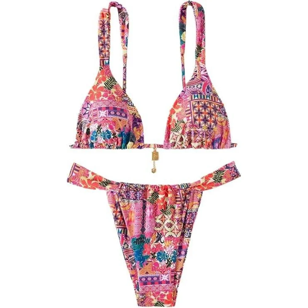 Pink Tropical Patchwork Triangle Bikini Set Women Size M Gold Charm Detail